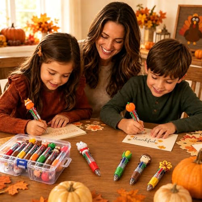 Vellibring 24 Pcs Thanksgiving Pens, Fun Autumn 4-in-1 Maple Leaf Pumpkin Turkey Animal Character MultiColor Pens Fall Harvest Party Favor Classroom Reward Stationery Gift - style: Thanksgiving-24pcs