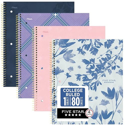 Five Star Spiral Notebook + Study App, 1 Subject, College Ruled Paper, 8-1/2" x 11", 80 Sheets, Styles, 4 Pack (850222F)