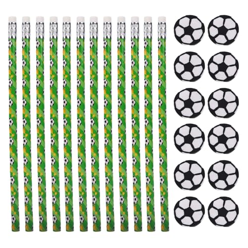 Zerodis 12 Pack Soccer Pencils Set, Football Theme Wooden HB Pencils Sports Party Favors with Erasers for Birthday Classroom School Supplies
