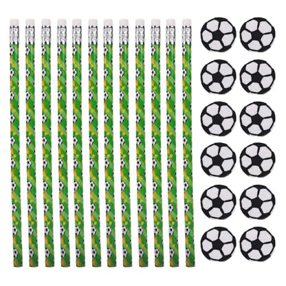 Zerodis 12 Pack Soccer Pencils Set, Football Theme Wooden HB Pencils Sports Party Favors with Erasers for Birthday Classroom School Supplies