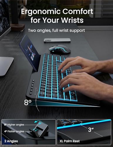 SABLUTE Wireless Keyboard and Mouse Combo, Rechargeable 4000mAh Light up Quiet Keyboard with Wrist Rest & Phone Holder, Ergonomic Silent Typing for PC/Mac/Laptop/Windows/Chrome OS