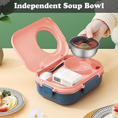 3 Compartments Bento Lunch box with Soup Bowl, Insulated Lunch Bag and Portable Utensils, Stainless Steel Camera Lunch Containers，Leak Proof Bento Box for Adults Men Women（14 years old+） - color: 900ml-Pink