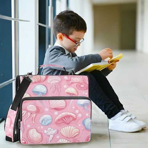 Pink Shells and Jellyfish Zipper Binder 3 Ring 1.5 Inch School Binder Organizer with Shoulder Strap Handle File Folder Pockets Large Capacity Students Girl Boy Men Office Work - color: Pink Shells and Jellyfish
