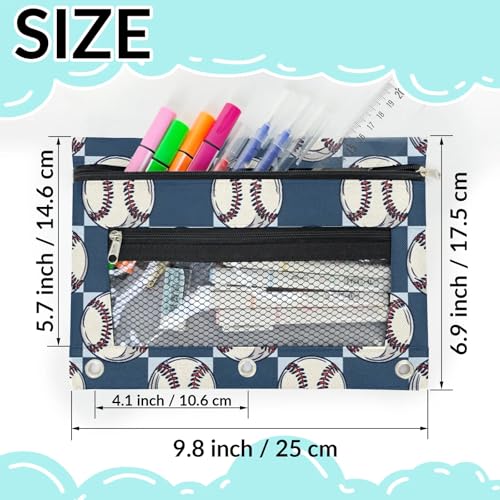 Sports Baseball Pencil Pouch for 3 Ring Binder Balls Pencil Case Bag with Clear Window Zipper Pockets for Kids Girls Boys Students School College Supplies 2 Pack