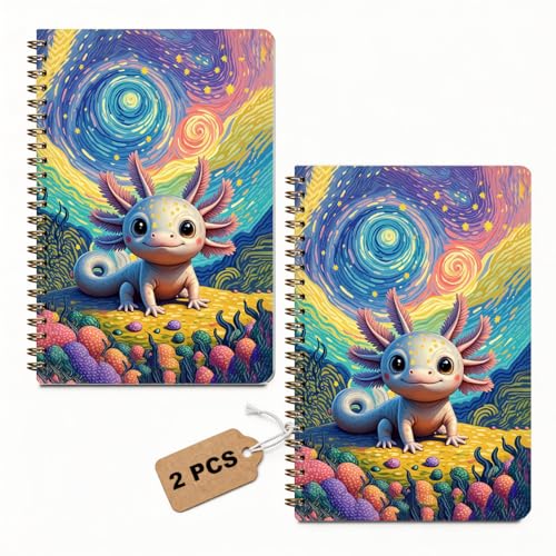 2 Pcs Van Gogh Starry Night Axolotl Spiral Notebook, A5 Journal Notebook | 160 Pages College Ruled Spiral Notebooks, Hardcover Journals for Writing Travel Office, Axolotl Gifts for Women Coworker - color: Multicolour 0004
