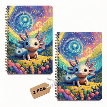 2 Pcs Van Gogh Starry Night Axolotl Spiral Notebook, A5 Journal Notebook | 160 Pages College Ruled Spiral Notebooks, Hardcover Journals for Writing Travel Office, Axolotl Gifts for Women Coworker - color: Multicolour 0004