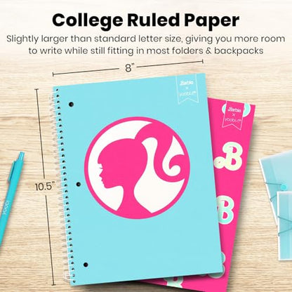 Yoobi Barbie X College Ruled Spiral Notebook Set – 3-Pack of 1 Subject Notebooks, Pink, Blue & Peach Barbie Designs – 100 Perforated 3-Hole Punched Sheets – 10.5” x 8” - color: Barbie - Spiral, size: Pack of 3