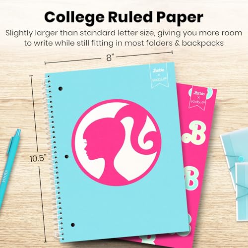 Yoobi Barbie X College Ruled Spiral Notebook Set – 3-Pack of 1 Subject Notebooks, Pink, Blue & Peach Barbie Designs – 100 Perforated 3-Hole Punched Sheets – 10.5” x 8” - color: Barbie - Spiral, size: Pack of 3