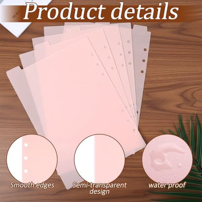 10 Sheets A5 Binder Dividers, Pink Binder Dividers with Tabs 6 Ring Insertable Plastic Index Divider Sheets for Planner Notebook Loose Leaf Binders