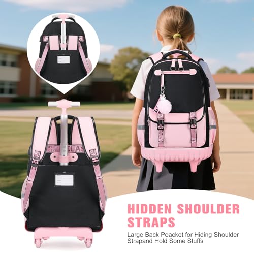 Bevalsa Rolling Backpack for Girls, 3PCS Roller School Backpacks with Lunch Box & Pen Case, Kids Bookbag Schoolbag with Wheels for Teen Girl Kindergarten Elementary Middle School - color: Black Pink