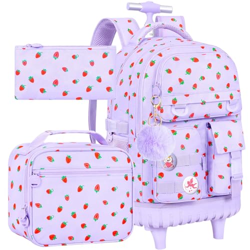 WZLVO 3PCS Roller Backpack, Water Resistance Girls Wheeled Bookbag, Women Aesthetic Rolling School Bag Set with Lunch Box & Pencil Bag for Teens & Kids - Purple Strawberry - color: 3pcs Girls Rolling Backpack - Purple Strawberry