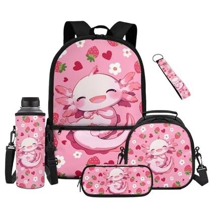 Kawaii Axolotl Large Capacity Kids School Backpack Set 5 Pieces with Lunch Bag Pencil Case and Water Bottle Holder for Girls and Boys - color: Kawaii Axolotl-a