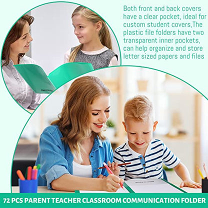 PerKoop 72 Pcs Take Home Folders Bulk Parent Teacher Communication Folder with 2 Pockets Plastic Homework Folder for Student Parent Teacher Classroom Back to School Supplies 11.73 x 9.45'' (Green) - color: Green
