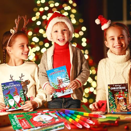 BenLouis 24 Christmas Mini Coloring Books Kids with 24 Stacking Crayons Xmas Theme Party Favors Activity Books Bulk for Kids Holiday Birthday Goodie Bag Gift Stuffer Classroom Reward - style: Christmas