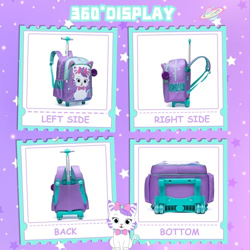 Rolling Backpack for Girls Cute Kids Rolling Backpack with Lunch Bag Kids Backpack with Wheels for School Backpacks for Elementary with Lunch Box Pencil Case Trolley Luggage - color: Purple Cream Cat