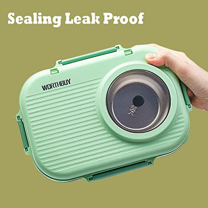 3 Compartments Bento Lunch box with Soup Bowl, Insulated Lunch Bag and Portable Utensils, Stainless Steel Camera Lunch Containers，Leak Proof Bento Box for Kids Adults Men Women… - color: 900ml-Green