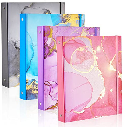 Lewtemi 4 Pack Mini Binders 5.5 x 8.5 Three Ring, 1 Inch Marble Binder, Flower Ocean Decorative Hardcover with Elastic Cord for School, Office Use, Recipe, Photo Album Pages(Marble) - style: Marble