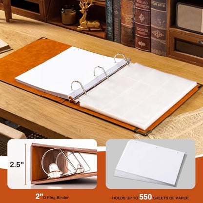 Ovesmusl 2 Pack Leather D Ring Binder Fits 8.5"x11" Letter Size Paper, 2 Inch D-Ring Binders Holds 550 Sheets, Notepad Paper Cover Loose Leaf Organizer with Inner Pockets, Brown Tree - color: Brown, size: 2 inch, style: 2 Pack