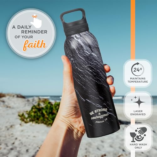 Christian Art Gifts Stainless Steel Double Wall Vacuum Insulated Water Bottle for Men & Women: Strong & Courageous - Joshua 1:9 Inspirational Verse w/Carry Handle Lid, Black/Granite/Slate, 24 oz. - color: Black Marble/Swirl - Strong & Courageous