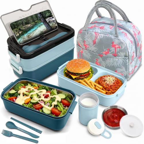 2-Tier Bento Lunch Box for Men & Adults with Insulated Lunch Bag | 50 OZ Large Capacity Bento Box with BPA-Free Utensils & Cup & Sauce Container, Leakproof, Microwave Safe for Work & Meal Prep - color: Blue