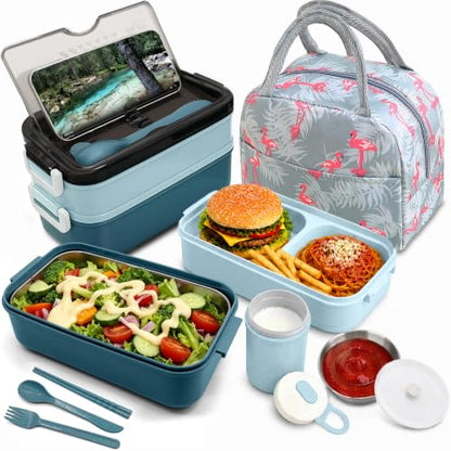 2-Tier Bento Lunch Box for Men & Adults with Insulated Lunch Bag | 50 OZ Large Capacity Bento Box with BPA-Free Utensils & Cup & Sauce Container, Leakproof, Microwave Safe for Work & Meal Prep - color: Blue