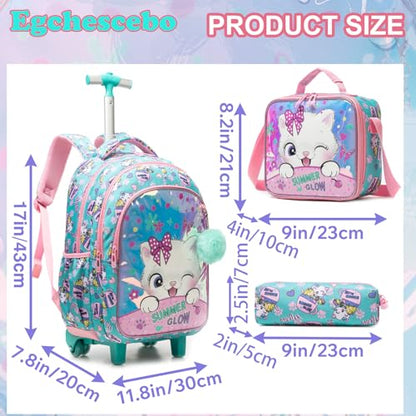 Kids Rolling Backpack for Girls Trolley Suitcases Luggage Travel with Wheels Bookbag Wheeled 17" 3PCS Roller Backpacks Toddler Back Pack School Bags Set for Elementary Cats Phantom Color - color: 5225-maomi-colourful