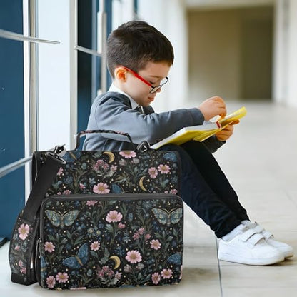 Moths Butterfly Gothic 3 D-Ring 2 inch Zipper Binder Bag with Shoulder Strap, School Multi-Pocket Portfolio Organizer Case for 13 Inch Laptop