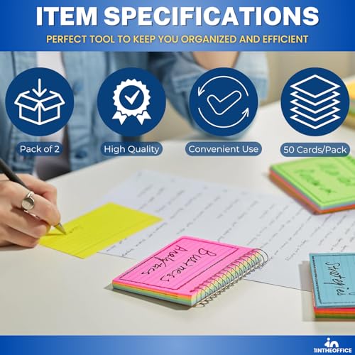1InTheOffice Spiral Index Cards 3x5 Ruled, Neon Note Cards Spiral Bound, Spiral Bound Index Cards, 50 Cards/Pack, 2 Pack