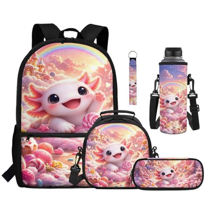 Cute Axolotl Kids Backpack Set 5 Pieces with Lunch Bag Pencil Case and Water Bottle Holder Large Capacity School Backpack for Girls Boys and Travel - color: Cute Axolotl-a