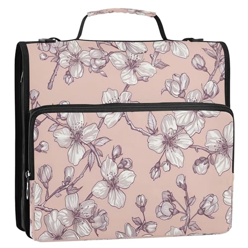 3 Ring Zipper Binder Cherry Blossoms Binder Organizer Portfolio with File and Shoulder Strap & Handle Large Capacity File Folder - color: Cherry Blossoms
