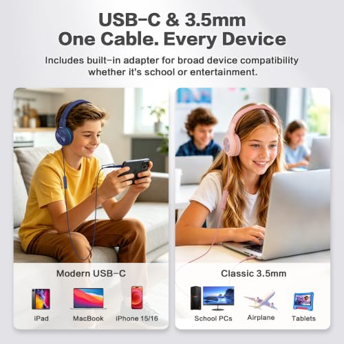 SIMOLIO 2 Pack Wired Headphones with Share Port, USB C to 3.5mm Dongle, MIC | Manyshare Series, 3-Level Volume Limiter, Passive Noise Cancelling, Foldable Over-Ear Headset for School Travel Adult iPad PC - color: Black & Fresh Green