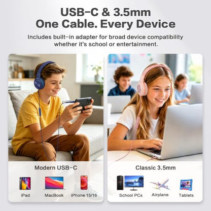 SIMOLIO Wired Headphones for Kids with Mic, USB C & 3.5mm, Safe Volume, Share Port & Pouch, Kids Headphones w/Passive Noise Cancelling, Foldable Headsets for School Airplane Travel iPad (Black) - color: Jet Black