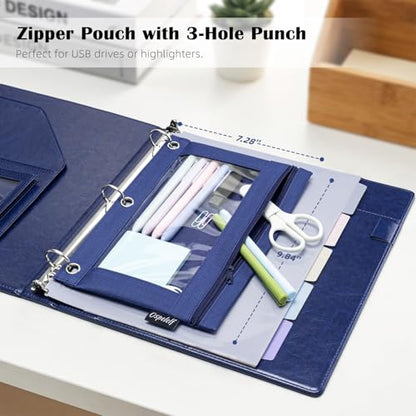 Ospelelf 3 Ring Clipboard Binder with Storage Pouch, 1 Inch Round Ring, Leather Magnetic Clipboard Folder with Notepad (11" x 8.5"), 5 Dividers with 10 Pockets, School Office Binder, Navy Blue - color: Blue