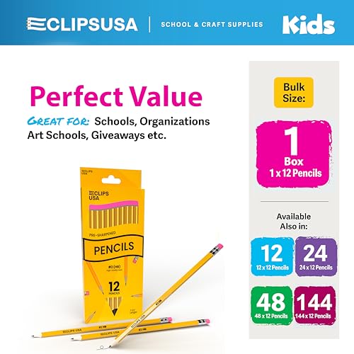 E-CLIPS USA Pre-Sharpened Pencils Bulk, Pencil #2 (12 Boxes), Number 2 pencils, School Supplies Bulk, Office Supplies Bulk, Box May Vary, 12 Pencil Per Box (12 Boxes) - style: 12 Boxes