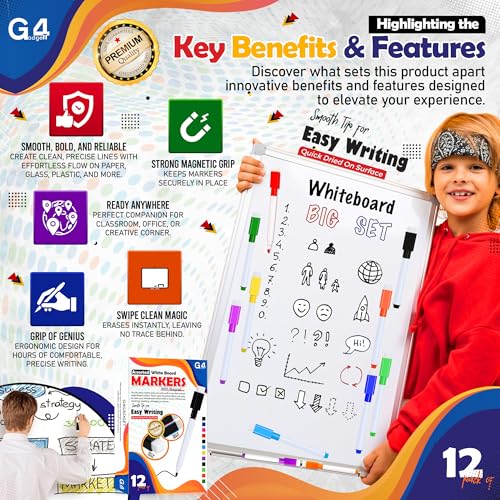 G4GADGET 12pcs Colourful Whiteboard Markers with Magnet & Eraser | Dry Wipe White Board Pens | Fine Tip, Low Odor, Non-Toxic Erasable Markers for Kids, Office, Classroom & Home Use