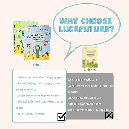 LUCKFUTURE Grooved Handwriting Book Practice, Magic Copybooks for Kids Reusable Handwriting Practice Set, Preschool Calligraphy Workbook with a Storage Bag for Easy Use - size: Grooved Handwriting Practice Book
