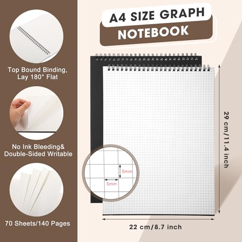 Engrowtic 2 Pack Top Spiral Graph Paper Notebooks 8.7 X11.4 Inch A4 Grid Paper Notepad 70 Sheet Memo Steno Pad for Engineering Writing Sketching Drawing School Office Supplies (Black) - color: Black