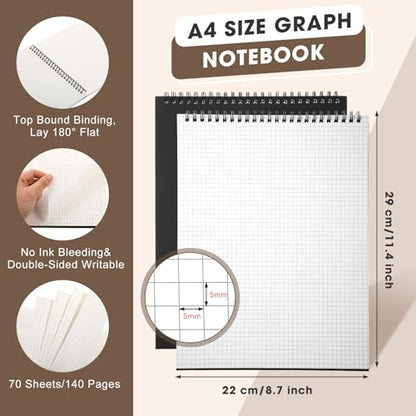 Engrowtic 2 Pack Top Spiral Graph Paper Notebooks 8.7 X11.4 Inch A4 Grid Paper Notepad 70 Sheet Memo Steno Pad for Engineering Writing Sketching Drawing School Office Supplies (Black) - color: Black