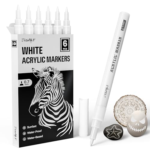 JusArt 0.7mm Fine Point White Permanent Markers, 6 Pack | White Acrylic Paint Pen for Rock Painting, Art Projects, Ceramic, Glass, Wood, Metal, Fabric, DIY, Ideal for Art Supplies - color: White, size: 6 PCS