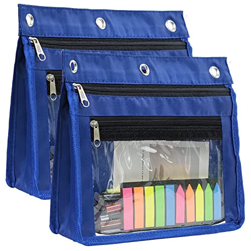 YoeeJob 2 Pack 1 Inch Expandable Zipper Pencil Pouches with Clear Window for 3 Ring Binder, Suitable for School & Office （Blue） - color: Blue