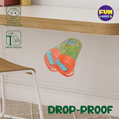 17oz Dinosaur Kids Water Bottle, Toddler Spout Cover and Carry Handle Lid Leak Proof BPA free Cup for Boys Ages 3+ Dishwasher Safe for Sports School Travel Plastic with Silicon Straw