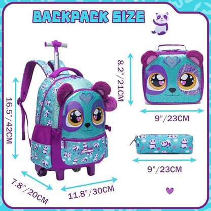 Meetbelify Rolling Backpack for Girls Backpacks with Wheels for Elementary Preschool Students Kids 3 in 1 Travel Luggage Carry on Suitcase with Lunch Box Pencil Case for Girls Age 8-10 - color: Blue Purple