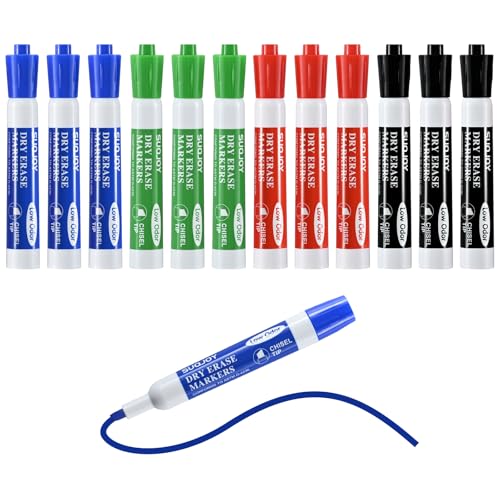 SUQJOY Dry Erase Markers, Chisel Tip Whiteboard Marker, Low Odor Thick Dry Markers, 12 Count 4 Assorted Color Markers for Kids/Teachers - color: 12 Count 4 Colors