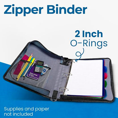 Case-it Classic Zipper Binder | 2-Inch O-Rings, 350 Sheet Capacity, Multiple Storage Pockets & Shoulder Strap | School & Office Organizer | D-251 Black
