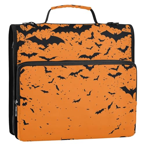 Halloween Black Bats Orange Zipper Binder 3 Ring 1.5 Inch School Binder Organizer with Shoulder Strap Handle File Folder Pockets Large Capacity Students Girl Boy Men Office Work - color: Halloween Black Bats Orange