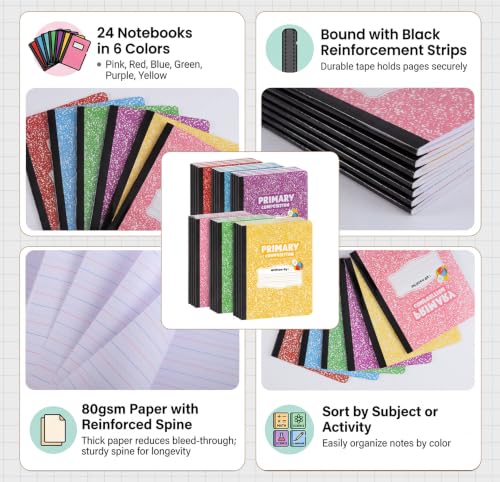 BESARME 24 Pack Primary Composition Notebook Bulk, K-2 Writing Journal Notebooks for Drawing and Story Practice, 9-3/4" x 7-1/2" Half Blank Books School Supplies for Classrooms