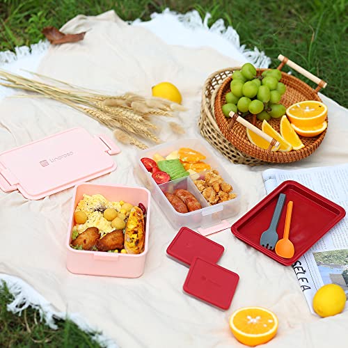 linoroso Stackable 2-Tier Adult Bento Box, 4 Compartments - Frozen Berry | leakproof bento lunch box with fork & spoon + sauce cups, microwave/dishwasher safe, perfect for office, school & daily meals - color: Frozen Berry