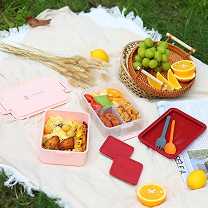 linoroso Stackable 2-Tier Adult Bento Box, 4 Compartments - Frozen Berry | leakproof bento lunch box with fork & spoon + sauce cups, microwave/dishwasher safe, perfect for office, school & daily meals - color: Frozen Berry