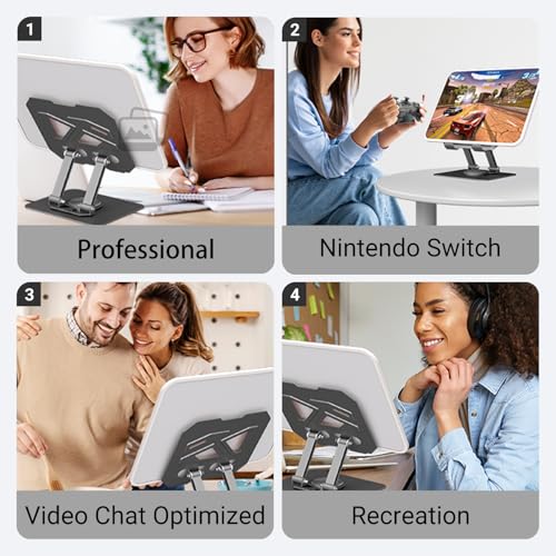 360° Swivel Tablet Stand for iPad, Adjustable Height & Angle Ergonomic Holder, Foldable Portable Desktop Mount for 4-12.9 inch Tablets & Phones, Non-Slip Base with Heat Vent - color: white