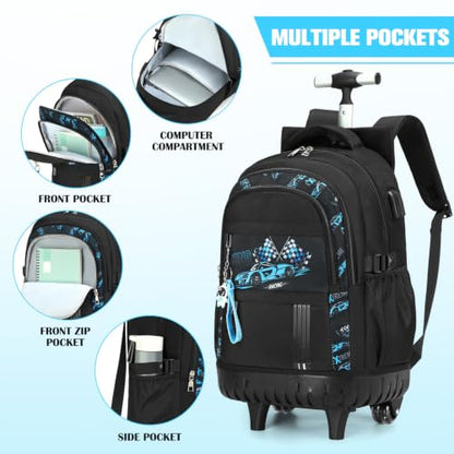 ACESAK Rolling Backpack for Boys, Kids Backpack with Wheels Portable with Insulated Lunch Box & Pencil Case, Multi-Pocket Roller Backpack for Preschool Kindergarten Kids Boys Travel(Blue Car) - color: Blue Car